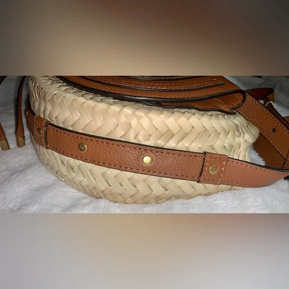 Chloe Marcie Woven Palm Round Crossbody Bag (Tan)